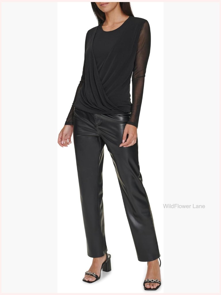 Women's Faux Wrap Long Sleeve Blouse Stretch Polyester Solid Black